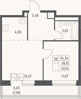 Планировка: 2-к, 38,2 м²