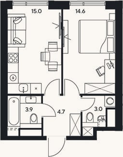 Планировка: 1-к, 41,2 м²