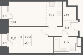 Планировка: 2-к, 45,5 м²
