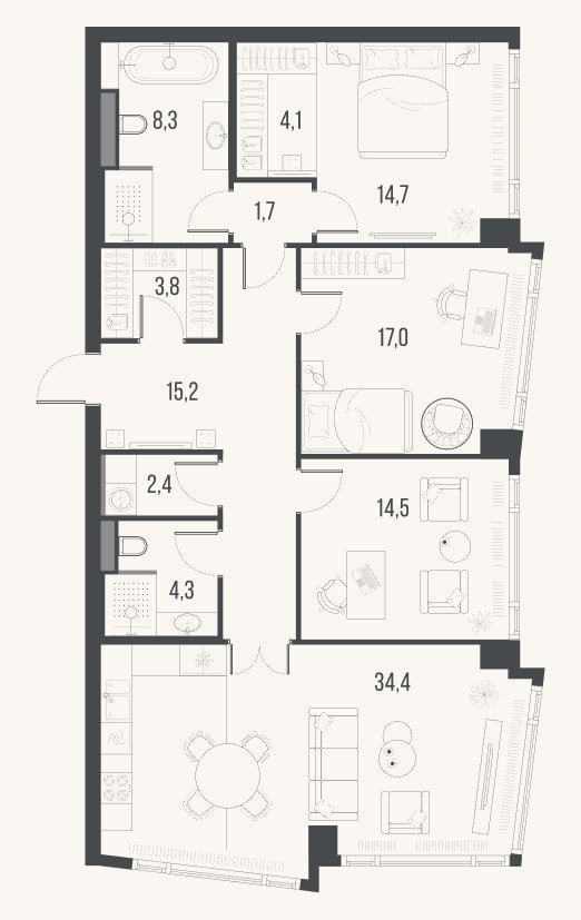 Планировка: 4+ к, 120,4 м²