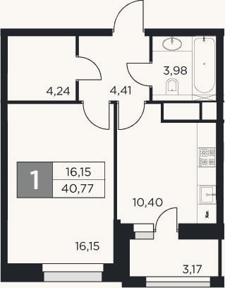 Планировка: 1-к, 39,2 м²