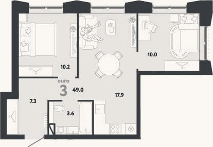 Планировка: 3-к, 49 м²