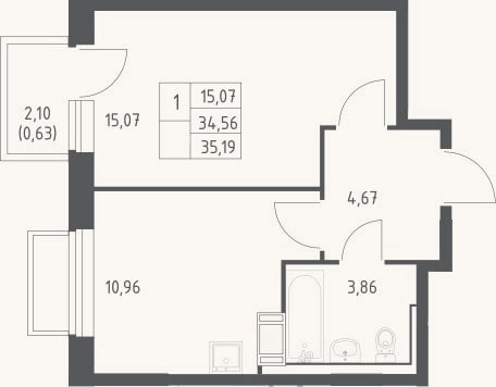 Планировка: 1-к, 34,6 м²