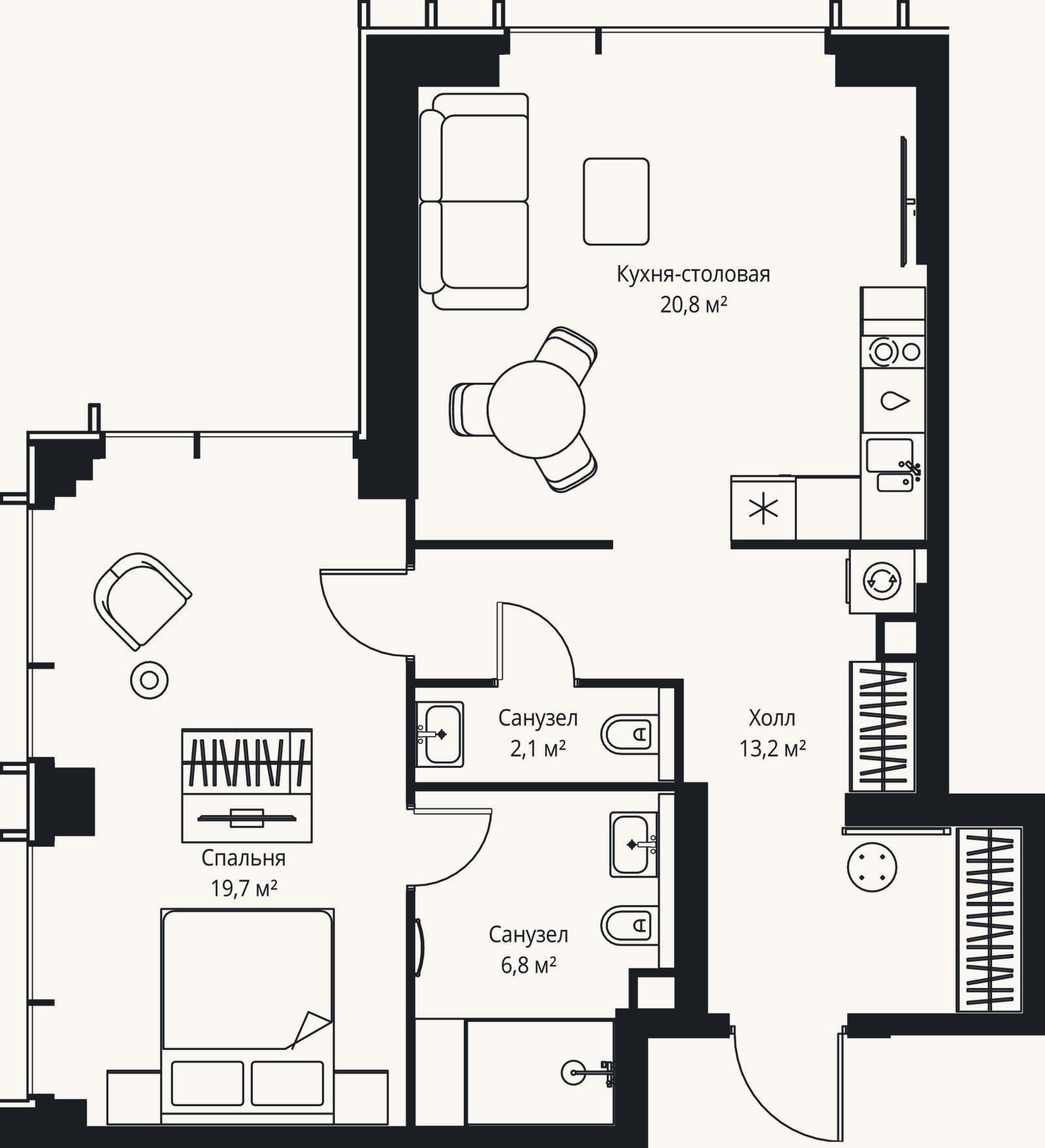 Планировка: 2-к, 62,6 м²