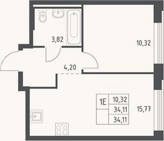 Планировка: 2-к, 34,1 м²