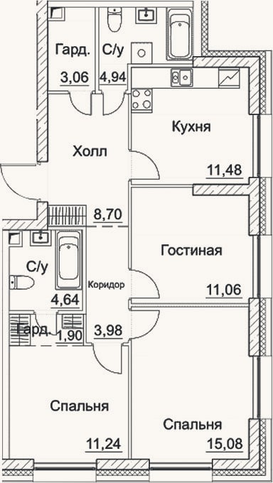 Планировка: 3-к, 76,1 м²