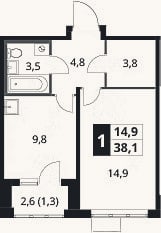 Планировка: 1-к, 36,8 м²