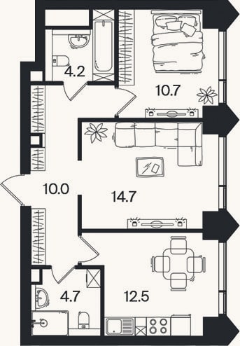 Планировка: 2-к, 56,8 м²