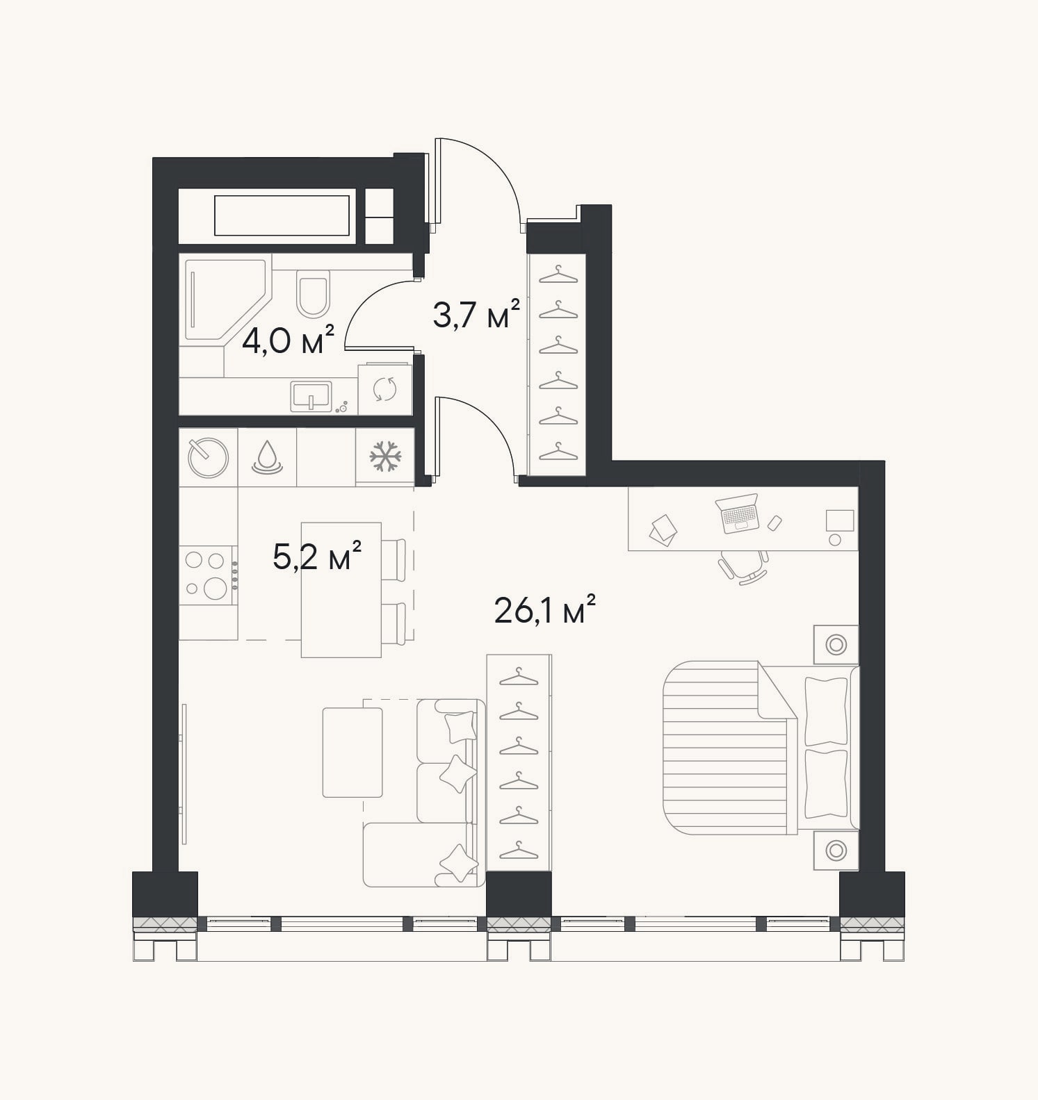 Планировка: Студия, 39 м²