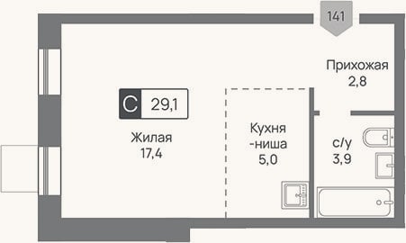 Планировка: Студия, 29,1 м²