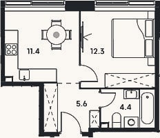 Планировка: 1-к, 33,7 м²