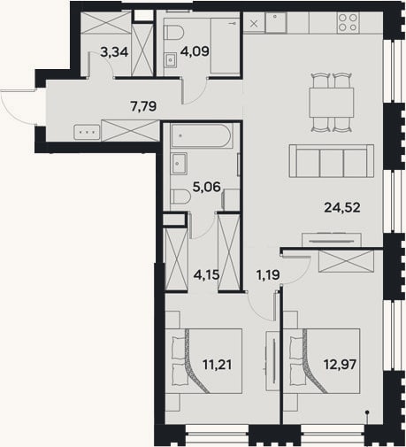 Планировка: 3-к, 74,3 м²