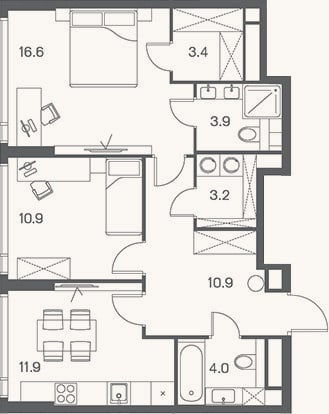 Планировка: 2-к, 64,8 м²