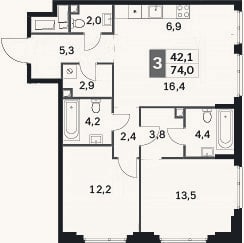 Планировка: 3-к, 74 м²