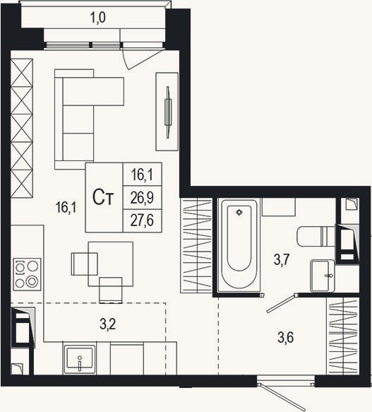 Планировка: Студия, 26,9 м²
