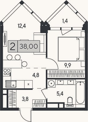 Планировка: 2-к, 36,6 м²