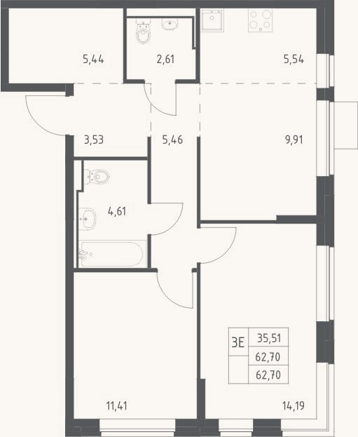 Планировка: 3-к, 62,7 м²