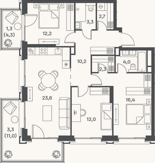 Планировка: 4+ к, 86,7 м²