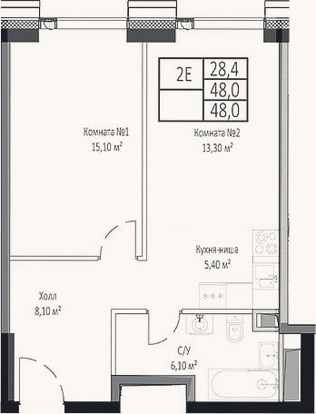 Планировка: 2-к, 48 м²