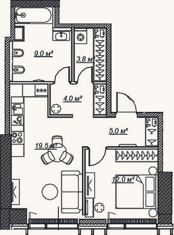 Планировка: 2-к, 53,3 м²