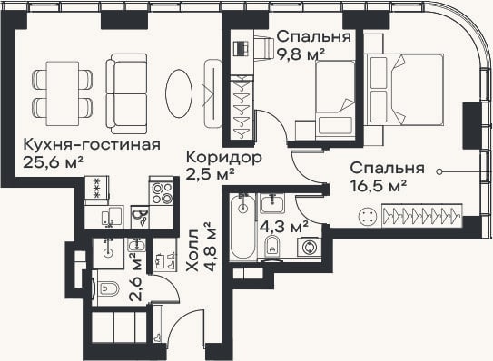 Планировка: 3-к, 66,1 м²