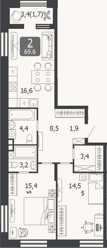 Планировка: 3-к, 67,9 м²