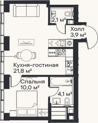 Планировка: 2-к, 41,9 м²