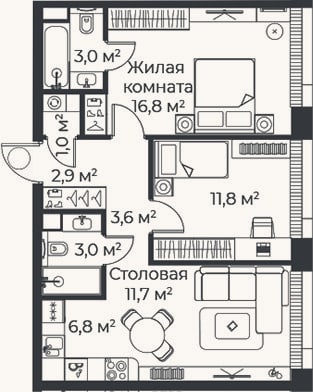Планировка: 3-к, 60,7 м²