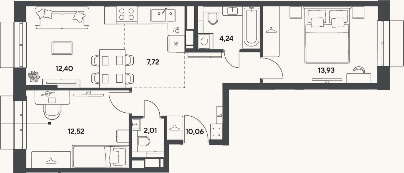 Планировка: 3-к, 62,9 м²