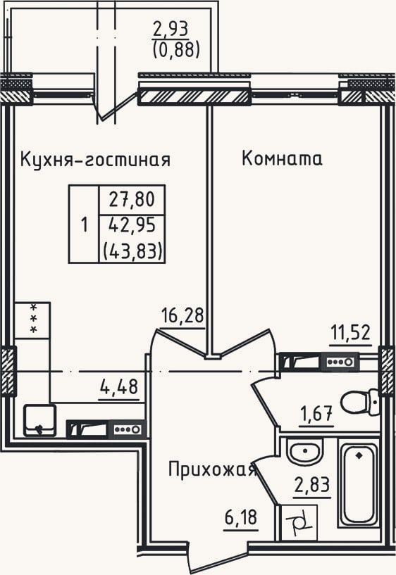 Планировка: 2-к, 37,2 м²