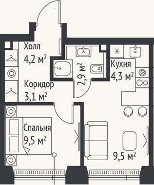 Планировка: 2-к, 33,5 м²