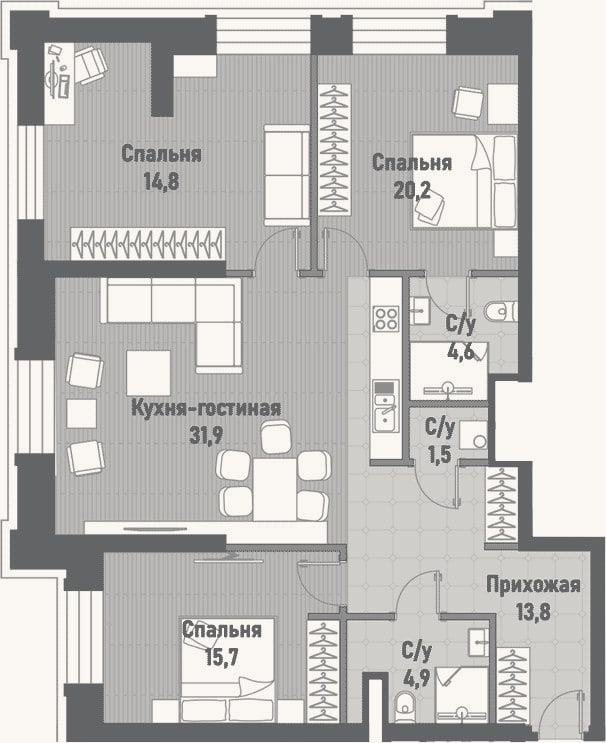 Планировка: 4+ к, 107,4 м²