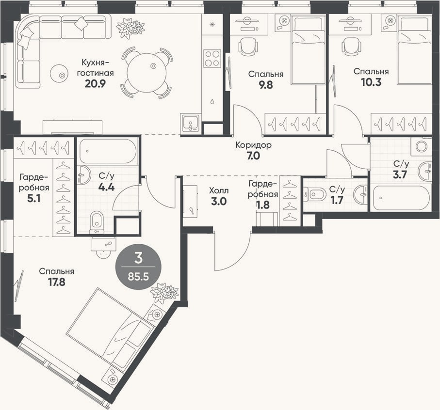 Планировка: 4+ к, 85,5 м²