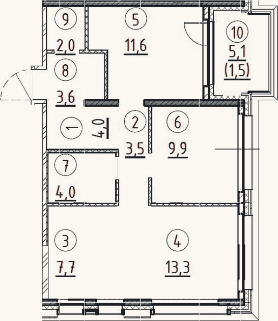 Планировка: 2-к, 59,7 м²