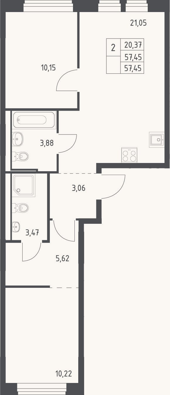 Планировка: 3-к, 57,5 м²
