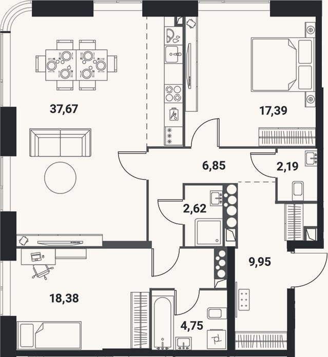 Планировка: 3-к, 99,8 м²