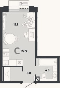 Планировка: Студия, 22,9 м²