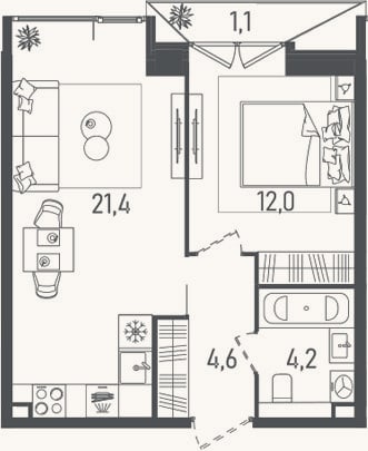 Планировка: 2-к, 42,2 м²