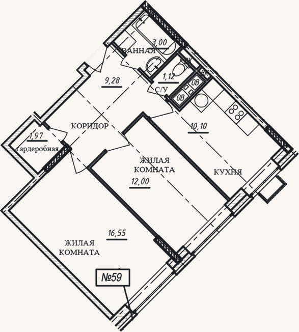 Планировка: 2-к, 54 м²