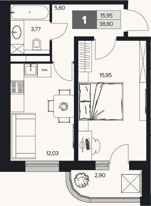 Планировка: 1-к, 37,4 м²
