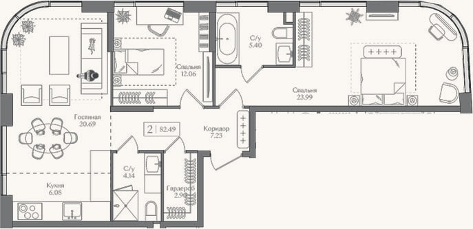 Планировка: 3-к, 82,5 м²