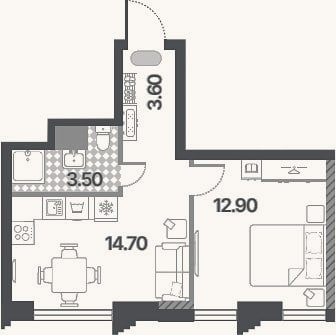 Планировка: 2-к, 34,7 м²