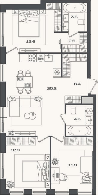 Планировка: 4+ к, 80,9 м²