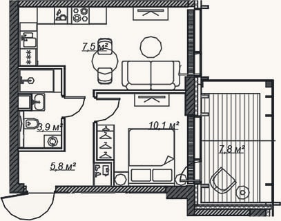 Планировка: 2-к, 34,4 м²
