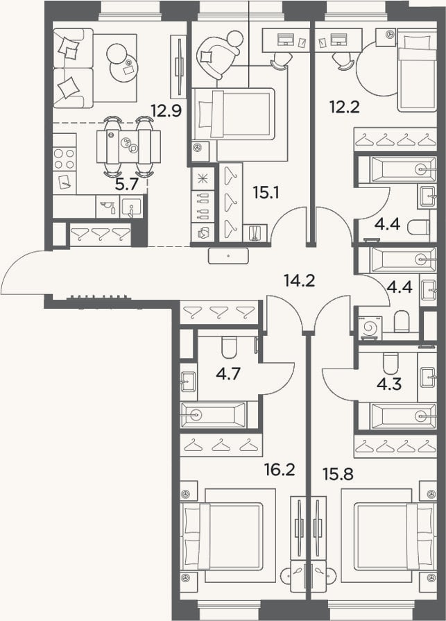 Планировка: 4+ к, 109,9 м²