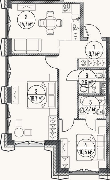 Планировка: 2-к, 58,9 м²