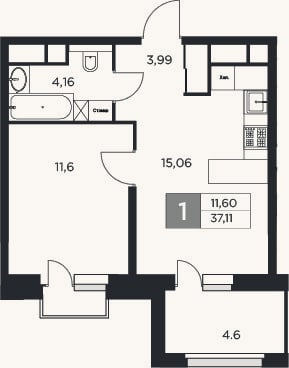 Планировка: 2-к, 34,8 м²