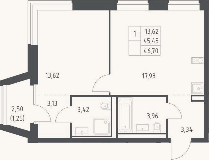 Планировка: 2-к, 45,5 м²