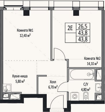 Планировка: 2-к, 43,8 м²