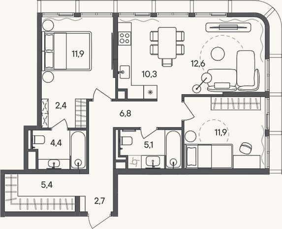 Планировка: 3-к, 73,5 м²